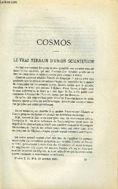 COSMOS - LES MONDES N 6 - Le vrai terrain d'union scientifique, L'heure cosmopolite - Bethlem doit tre son point de dpart, Eugne Bourdon, Nouvelles des plantes, Tatouage, Fabrication de la pate de bois chimique