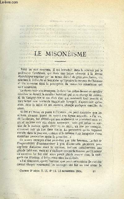 COSMOS - LES MONDES N 11 - Le misonisme, Electricit sur les dcharges disruptives de la machine de voss, Nouvelle lampe a arc, Variations du diamtre solaire, Au jardin d'acclimatation, Eclairage lectrique des formes sches du Havre