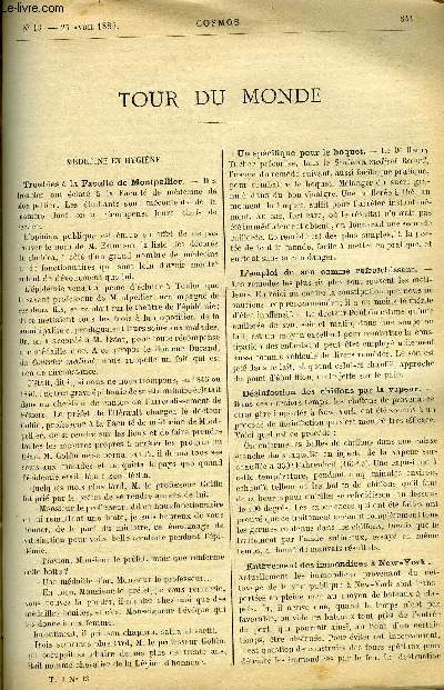 LE COSMOS - REVUE DES SCIENCES ET DE LEURS APPLICATIONS N 13 - Troubles a la facult de Montpellier, Un spcifique pour le hoquet, L'emploi du son comme rafraichissement, Dsinfection des chiffons par la vapeur, Enlvement des immondices a New-York