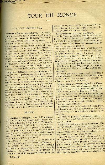 LE COSMOS - REVUE DES SCIENCES ET DE LEURS APPLICATIONS N 22 - L'intensit des rayons solaires, Le glacier d'Alaska, Le cholra en Espagne, La confrence sanitaire de Rome,, Inauguration du nouvel hopital du Havre, Arrachage de dents par l'electricit