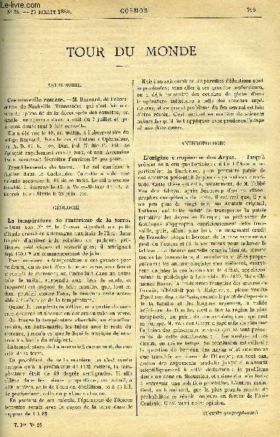 LE COSMOS - REVUE DES SCIENCES ET DE LEURS APPLICATIONS N 26 - Une nouvelle comte, Tremblements de terre, La temprature de l'intrieur de la terre, L'origine europenne des Aryas, La matire mdicale des Bdouins, La migraine, Quelques dtails