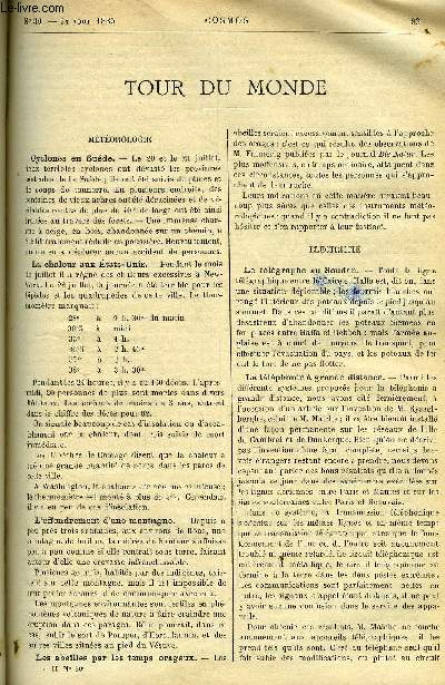 LE COSMOS - REVUE DES SCIENCES ET DE LEURS APPLICATIONS N 30 - Cyclones en Sude, La chaleur aux Etats-Unis, L'effondrement d'une montagne, Le tlgraphe au Soudan, La tlphonie a grande distance, Un puissant foyer de lumire lectrique, La crampe