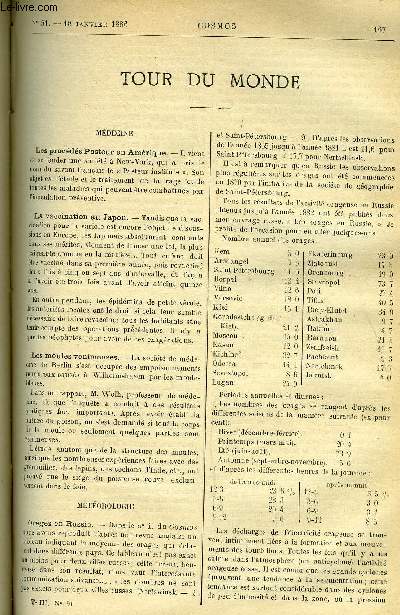 LE COSMOS - REVUE DES SCIENCES ET DE LEURS APPLICATIONS N 51 - Les procds Pasteur en Amrique, La vaccination au Japon, Les moules venimeuses, Orages en Russie, Eruption de volcan, Une source d'acide carbonique, Le gnie des mines, Le magntisme