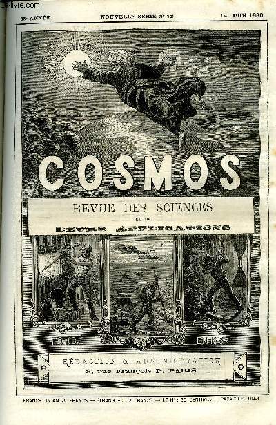 LE COSMOS - REVUE DES SCIENCES ET DE LEURS APPLICATIONS N 72 - Le cholra en italie, Un raz de mare sur la cote d'Ecosse, Une nouvelle cartouche de mines, La dynamite, Les diamants, L'ivoire en Afrique, Les bls en Russie, Drainages colossaux