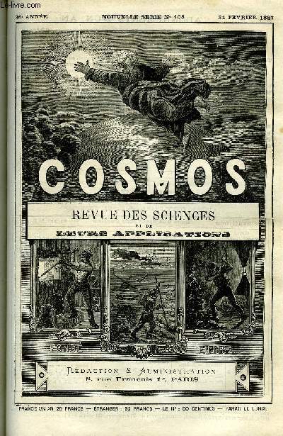 LE COSMOS - REVUE DES SCIENCES ET DE LEURS APPLICATIONS N 108 - Tremblements de terre a Madre, en Italie, en Suisse, aux Etats-Unis, Un pays trop riche, La rage paralytique, La dsinfection a bord des navires, Cables tlgraphiques, La longueur