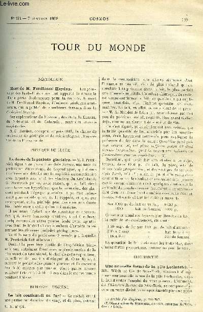 LE COSMOS - REVUE DES SCIENCES ET DE LEURS APPLICATIONS N 154 - Mort de M. Ferdinand Hayden, La dure de la priode glaciaire, Le lait contient-il du fer?, Une nouvelle forme de la pile Leclanch, Nouvelle application du tlphone, Papier ractif