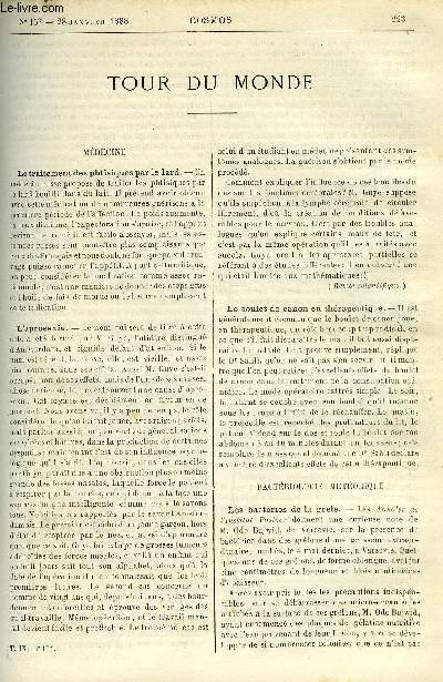 LE COSMOS - REVUE DES SCIENCES ET DE LEURS APPLICATIONS N 157 - Le traitement des phtisiques par le lard, Le boulet de canon en thrapeutique, Les bactries de la grele, La statistique de l'empire Japonais, L'alimentation d'eau des villes d'Italie