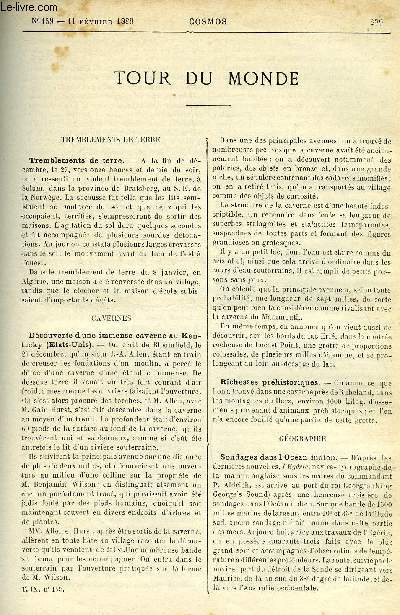 LE COSMOS - REVUE DES SCIENCES ET DE LEURS APPLICATIONS N 159 - Tremblements de terre, Dcouverte d'une immense caverne au Kentucky, Richesses prhistoriques, Sondages dans l'Ocan Indien, Le concours agricole du Palais de l'industrie, Une ferme