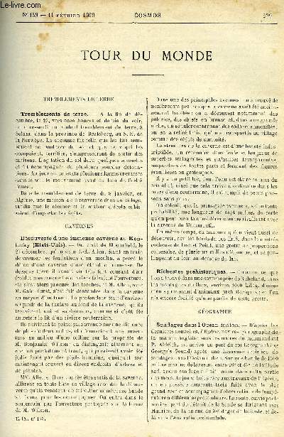 LE COSMOS - REVUE DES SCIENCES ET DE LEURS APPLICATIONS N 159 - Tremblements de terre, Dcouverte d'une immense caverne au Kentucky, Richesses prhistoriques, Sondages dans l'Ocan Indien, Le concours agricole du Palais de l'industrie, Une ferme