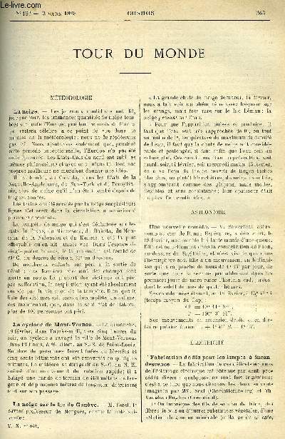 LE COSMOS - REVUE DES SCIENCES ET DE LEURS APPLICATIONS N 162 - La neige, Le cyclone de Mont-Vernon, La neige sur le lac de Genve, Une nouvelle comte, Fabrication de fils pour les lampes a incandescence, Les orgues lectriques, La lumire lectrique