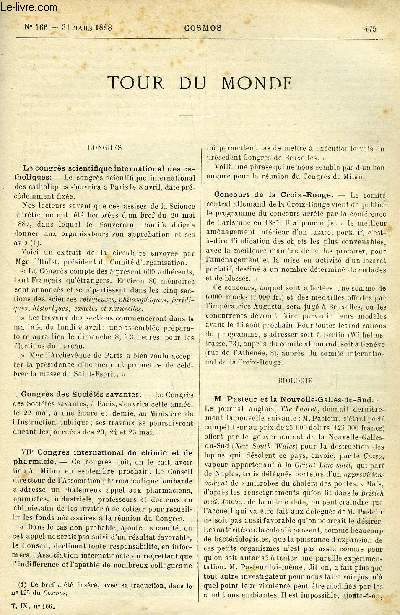 LE COSMOS - REVUE DES SCIENCES ET DE LEURS APPLICATIONS N 166 - Le congrs scientifique international des catholiques, Congrs des socits savantes, Concours de la Croix-Rouge, M. Pasteur et la Nouvelle-Galles-du-Sud, La comte Sawerthal, Mtorites