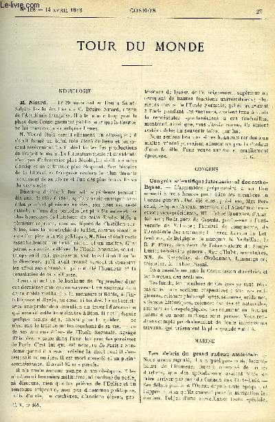 LE COSMOS - REVUE DES SCIENCES ET DE LEURS APPLICATIONS N 168 - M. Nisard, Congrs scientifique international des catholiques, Les dbris du grand radeau amricain, La pche de la morue en Afrique, Role des animaux dans la formation du sol vgtal
