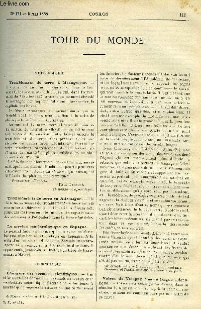 LE COSMOS - REVUE DES SCIENCES ET DE LEURS APPLICATIONS N 171 - Tremblement de terre a Madagascar, L'origine des termes scientifiques, Valeur du Volapuk comme langue scientifique, Pile Messerolle, Lampes a incandescence de haute puissance lumineuse