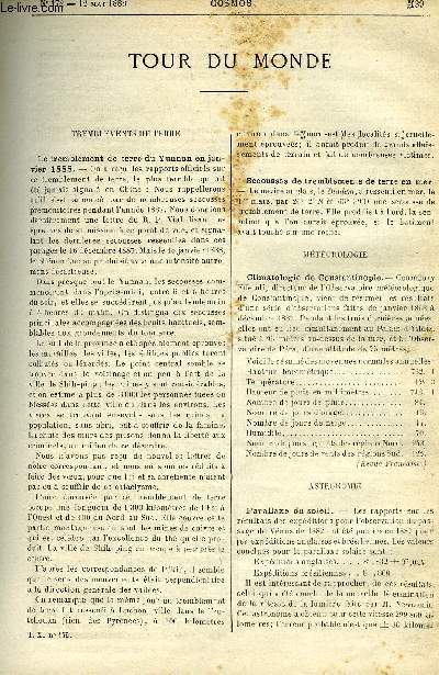 LE COSMOS - REVUE DES SCIENCES ET DE LEURS APPLICATIONS N 172 - Le tremblement de terre du Yunnan en janvier 188, Secousses de tremblements de terre en mer, Climatologie de Constantinople, Parallaxe du soleil, Le sens du gout, Photographie de l'oeil