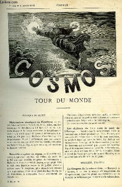 LE COSMOS - REVUE DES SCIENCES ET DE LEURS APPLICATIONS N 184 - Phnomnes sismiques au Honduras, Nouvelle ruption au Japon, Les chaleurs de l't dans le nord de l'Europe, Le congrs de la tuberculose, La fivre thypoide a Vienne, Un nouveau colorant