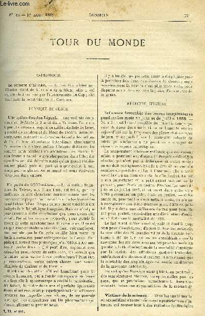 LE COSMOS - REVUE DES SCIENCES ET DE LEURS APPLICATIONS N 186 - La comte d'Encke, L'ruption des iles Lipari, Un puits de 6000 mtres, Influence favorable des basses tempratures pendant les mois de juin et de juillet 1888, La mortalit par le plomb