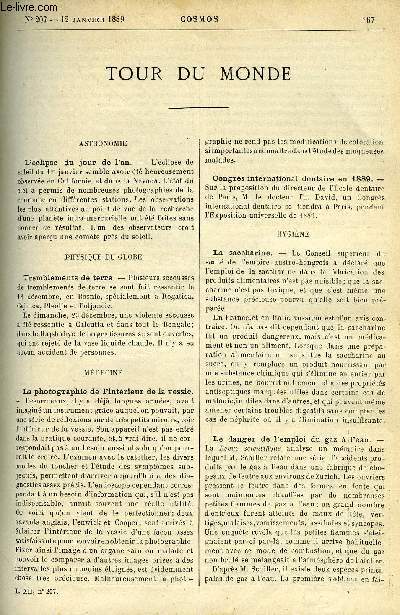 LE COSMOS - REVUE DES SCIENCES ET DE LEURS APPLICATIONS N 207 - L'clipse du jour de l'an, Tremblements de terre, La photographie de l'intrieur de la vessie, La saccharine, Le danger de l'emploi du gaz a l'eau, Electricit domestique