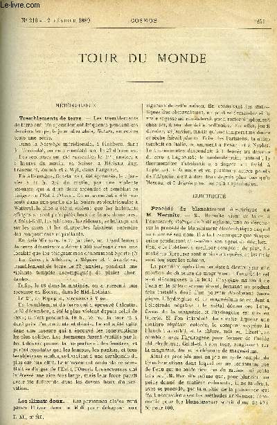 LE COSMOS - REVUE DES SCIENCES ET DE LEURS APPLICATIONS N 210 - Tremblements de terre, Procd de blanchiment lectrique de M. Hermite, Utilisation des rseaux tlphoniques pour la remise a l'heure des horloges, Tlphonie sous-marine, Les transmission