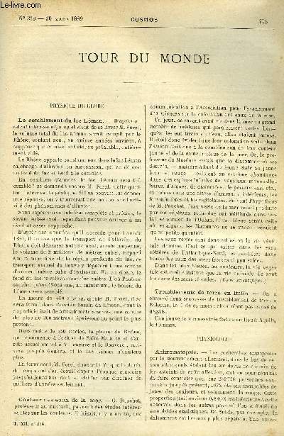 LE COSMOS - REVUE DES SCIENCES ET DE LEURS APPLICATIONS N 218 - Le comblement du lac Lman, Couleur des eaux de la mer, Tremblements de terre en Italie, Achromatopsie, La fromentine, Les tramways lectriques aux Etats-Unis, Nouvelle lampe a incandescence