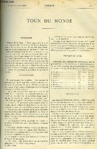 LE COSMOS - REVUE DES SCIENCES ET DE LEURS APPLICATIONS N 223 - Waren de la Rue, Un avertisseur de la pluie, Influence des chaines de montagnes sur la pesanteur, La fonte de l'acier au cuivre, Un nouveau gouvernail pour les navires a hlice, Les pertes