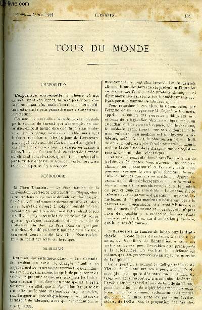LE COSMOS - REVUE DES SCIENCES ET DE LEURS APPLICATIONS N 226 - L'exposition universelle, Le pre Damien, Les mdicaments nouveaux, Influence de la fume de tabac sur la diphtrie, Les fractures de l'corce terrestre, Pluie de poussire, Les cables