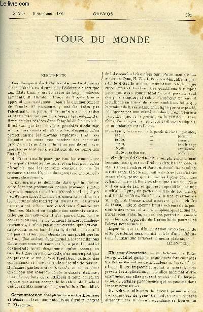 LE COSMOS - REVUE DES SCIENCES ET DE LEURS APPLICATIONS N 250 - Les dangers de l'lectricit, Communication tlphonique entre Londres et Paris, Thermo-lectricit, Un accumulateur naturel, Sur le lait rouge, Le siphon F. Bode et a Wimpf pour acides