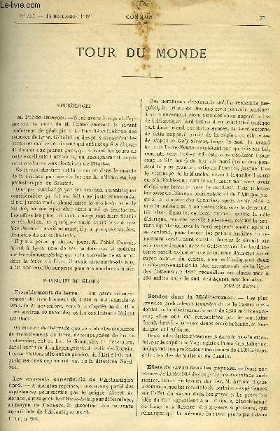 LE COSMOS - REVUE DES SCIENCES ET DE LEURS APPLICATIONS N 255 - M. l'abb Ducrost, Tremblements de terre, Les courants superficiels de l'Atlantique nord, Sondes dans la Mditerrane, Effets du savon dans les geysers, De l'inversion dans la plantation