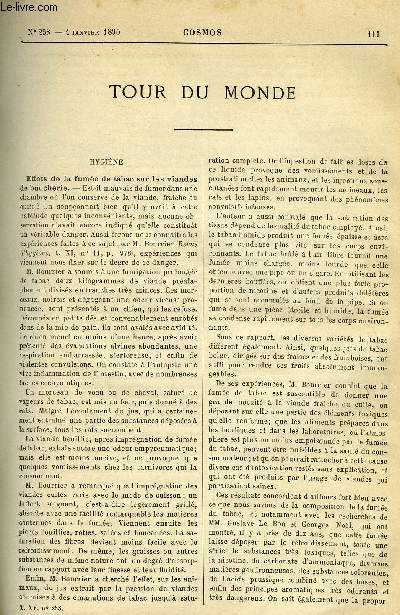 LE COSMOS - REVUE DES SCIENCES ET DE LEURS APPLICATIONS N 258 - Effets de la fume de tabac sur les viandes de boucherie, L'importation du btail vivant, La meunerie aux Indes, La photographie du boulet de canon, Bateaux sous-marins