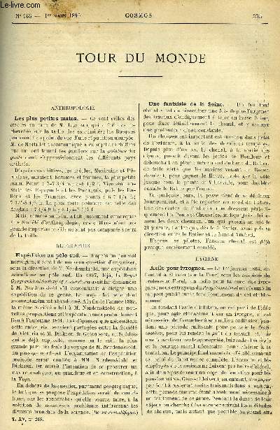 LE COSMOS - REVUE DES SCIENCES ET DE LEURS APPLICATIONS N 266 - Les plus petites mains, Expdition au pole sud, Une fantaisie de la Seine, Asile pour ivrognes, Baleine et cables tlgraphiques, Un devis difficile a tablir, Tour amricaine, Un navire