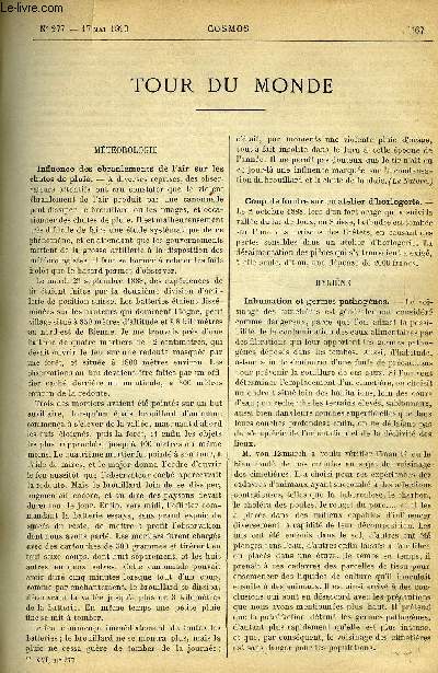 LE COSMOS - REVUE DES SCIENCES ET DE LEURS APPLICATIONS N 277 - Influence des branlements de l'air sur les chutes de pluie, Coup de foudre sur un atelier d'horlogerie, Inhumation et germes pathognes, Phonographe comptable, Application du phonographe