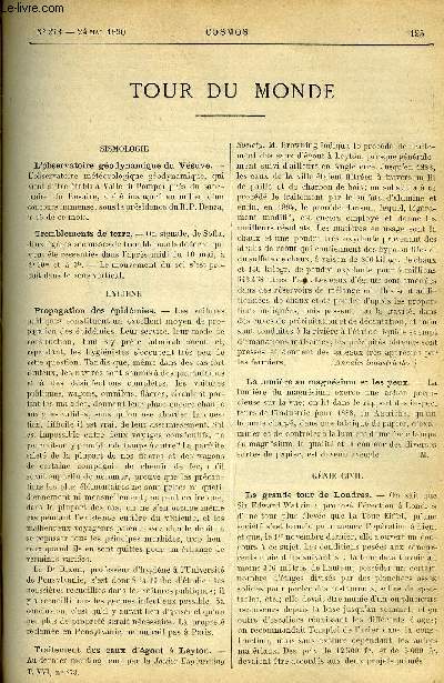 LE COSMOS - REVUE DES SCIENCES ET DE LEURS APPLICATIONS N 278 - L'observatoire godynamique du Vsuve, Tremblements de terre, Propagation des pidmies, La lumire au magnsium et les yeux, La grande tour de Londres, Pates a papier aux sulfites