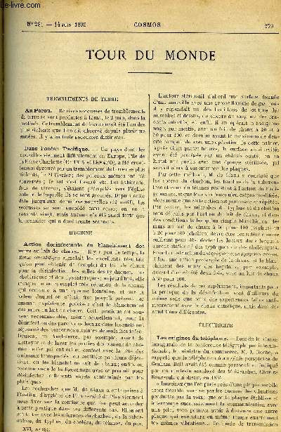 LE COSMOS - REVUE DES SCIENCES ET DE LEURS APPLICATIONS N 281 - Au Prou, Dans l'ocan Pacifique, Action dsinfectante du blanchiment des murs au lait de chaux, Les origines du tlphone, Les dnominations des untis lectriques, L'lectricit