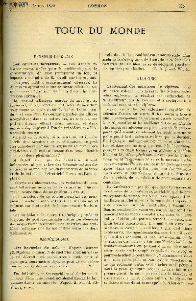 LE COSMOS - REVUE DES SCIENCES ET DE LEURS APPLICATIONS N 283 - Les courants terrestres, Des bactries du sol, Du lait bleu, Traitement des morsures de vipres, Valeur alimentaire de la bire, Influence des matires colorantes, donnes comme nourriture