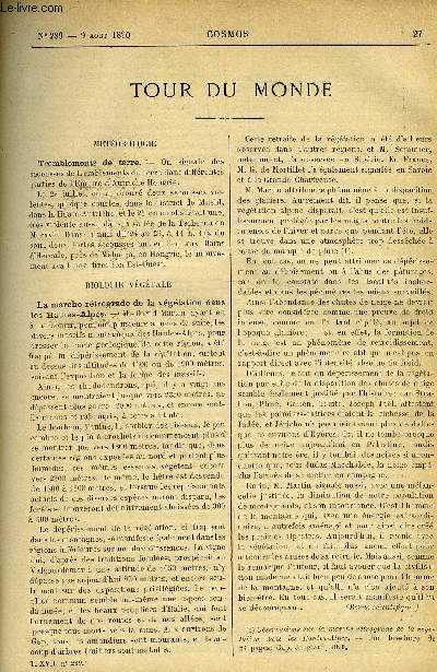 LE COSMOS - REVUE DES SCIENCES ET DE LEURS APPLICATIONS N 289 - Tremblements de terre, La marche rtrograde de la vgtation dans les Hautes-Alpes, La production des fruits en Californie, L'importation des viandes, L'exportation des vins de Bordeaux