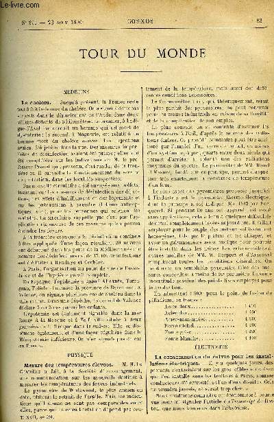 LE COSMOS - REVUE DES SCIENCES ET DE LEURS APPLICATIONS N 291 - Le cholra, Mesure des tempratures leves, La consommation de cuivre pour les installations lectriques, Electricit et gaz combins, Les exploits des paquebots sur le banc de Terre-Neuve