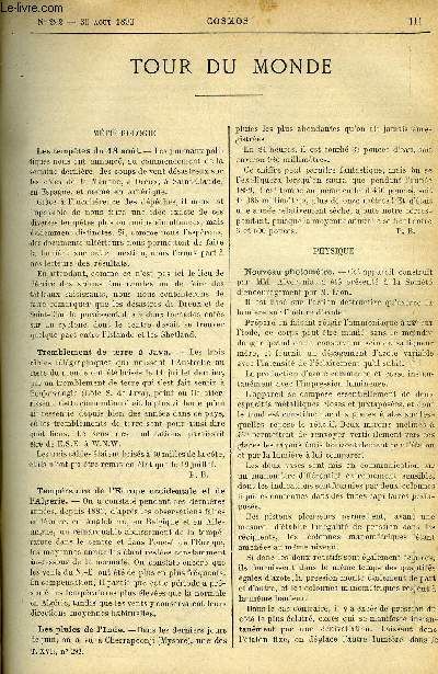 LE COSMOS - REVUE DES SCIENCES ET DE LEURS APPLICATIONS N 292 - Les temptes du 18 aout, Tremblement de terre a Java, Temprature de l'europe occidentale et de l'Algrie, Nouveau photomtre, La mmoire de L. Gaulard, communication lectrique