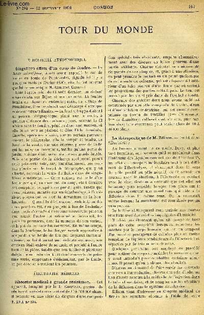 LE COSMOS - REVUE DES SCIENCES ET DE LEURS APPLICATIONS N 294 - Singuliers effets d'un coup de foudre, Rhostat mdical a grande rsistance, La thrapeutique de M. Edison, De la pasteurisation du lait, Les effets pathologiques de la lumire lectrique