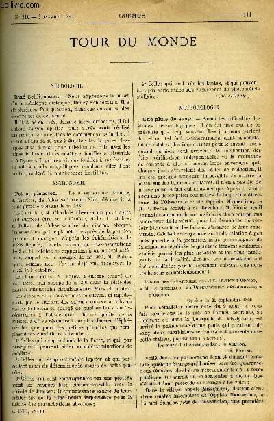 LE COSMOS - REVUE DES SCIENCES ET DE LEURS APPLICATIONS N 310 - Ren Schliemann, Petites plantes, Une pluie de sang, La pluie a Bergen, Les profondeurs dans le pacifique occidental, Emploi thrapeutique de la lumire lectrique, Un procd simple