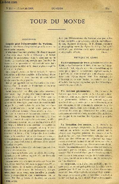 LE COSMOS - REVUE DES SCIENCES ET DE LEURS APPLICATIONS N 312 - Coupole pour l'observatoire du Vatican, Un tremblement de terre a l'observatoire de Lick, Un curieux phnomne, La formation des coraux, Un gigantesque champ de glace, Canons-revolvers mus