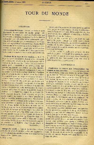 LE COSMOS - REVUE DES SCIENCES ET DE LEURS APPLICATIONS N 321 - L'quation du temps, Chaleur de la lune et des toiles, Prdiction du temps par l'observation des plantes et des insectes, L'hiver 1890-91 en Islande, La station d'lectricit de Deptford