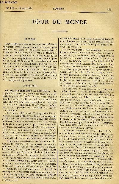 LE COSMOS - REVUE DES SCIENCES ET DE LEURS APPLICATIONS N 322 - Une greffe monstre, Un projet d'expdition au pole Nord, L'exposition colombienne, Poules nourries par l'lectricit, La valeur des cloisons tanches sur les navires, Chemins de fer
