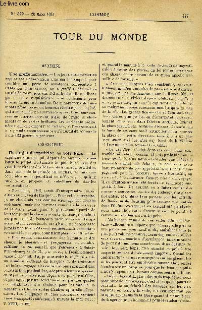 LE COSMOS - REVUE DES SCIENCES ET DE LEURS APPLICATIONS N 322 - Une greffe monstre, Un projet d'expdition au pole Nord, L'exposition colombienne, Poules nourries par l'lectricit, La valeur des cloisons tanches sur les navires, Chemins de fer