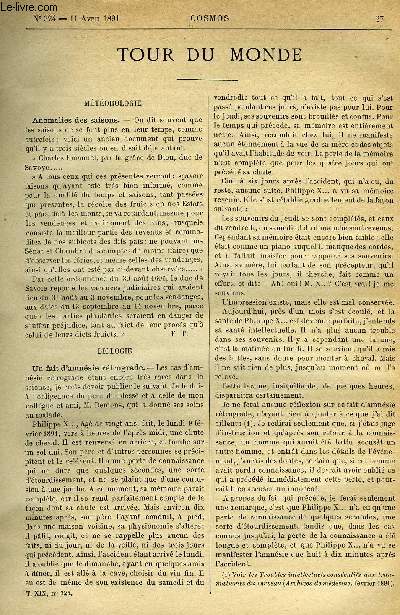 LE COSMOS - REVUE DES SCIENCES ET DE LEURS APPLICATIONS N 324 - Anomalies des saisons, Un fait d'amnsie rtrograde, La dissmination des bacilles tuberculeux, Les alcools suprieurs dans l'eau de vie nouvelle, L'emploi de projecteurs lectriques