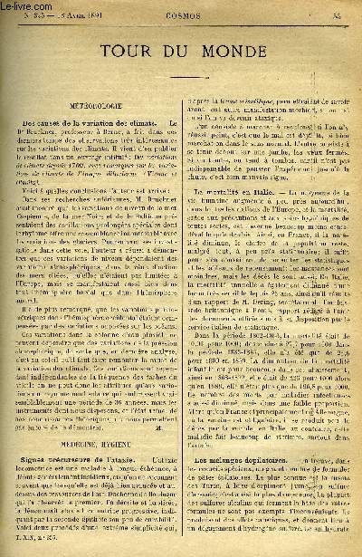 LE COSMOS - REVUE DES SCIENCES ET DE LEURS APPLICATIONS N 325 - Des causes de la variation des climats, Signes prcurseurs de l'ataxie, La mortalit en Italie, Les mlanges dpilatoires, C'est la foi qui sauve, Le manomtre a air libre de la Tour Eiffel