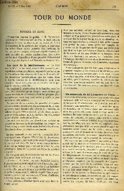 LE COSMOS - REVUE DES SCIENCES ET DE LEURS APPLICATIONS N 327 - Protection contre la grele, Les eaux de la Meditarrane, Le gaz naturel, Un souterrain de 60 kilomtres en Corse, Expriences sur les moyens de combattre la maladie de la pomme de terre
