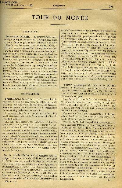 LE COSMOS - REVUE DES SCIENCES ET DE LEURS APPLICATIONS N 337 - Les canaux de Mars, Tremblement de terre, Valeur hyginique de l'air et du sol des forets, Du manque de symtrie des yeux, Le systme pileux aprs la mort, La lumire lectrique