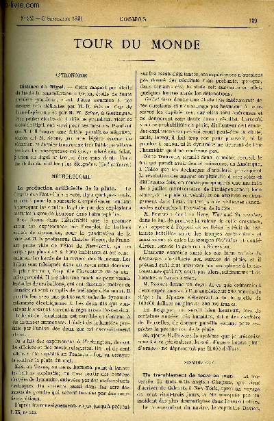 LE COSMOS - REVUE DES SCIENCES ET DE LEURS APPLICATIONS N 345 - Distance de Rigel, La production artificielle de la pluie, Un tremblement de terre en mer, Influence de la foudre sur les observations magntiques, Singulier coup de foudre, La foudre