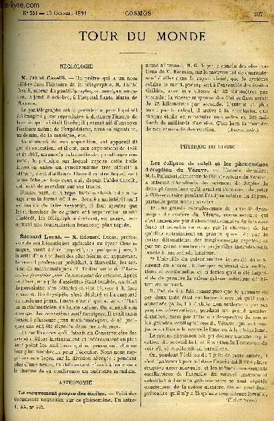 LE COSMOS - REVUE DES SCIENCES ET DE LEURS APPLICATIONS N 351 - M. l'abb Caselli, Edouard Lucas, Le mouvement propres des toiles, Les clipses de soleil et les phnomnes d'ruption du Vsuve, Talosn de chaussures en caoutchouc, L'lectrolyse