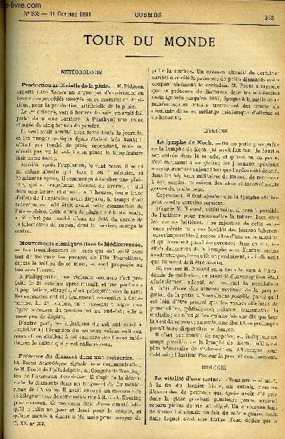 LE COSMOS - REVUE DES SCIENCES ET DE LEURS APPLICATIONS N 353 - Production artificielle de la pluie, Mouvements sismiques dans la Mditerrane, Prsence du diamant dans une mtorite, La lymphe de Koch, La vitalit d'une tortue, Le parrain du daltonisme