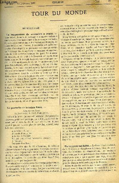 LE COSMOS - REVUE DES SCIENCES ET DE LEURS APPLICATIONS N 359 - La temprature de novembre a Paris, Le proverbe de la Sainte Luce, Un trappiste mdaill, Unification du calendrier, Les ennemis de l'homme, Oiseau migrateurs, Les bulles de savon